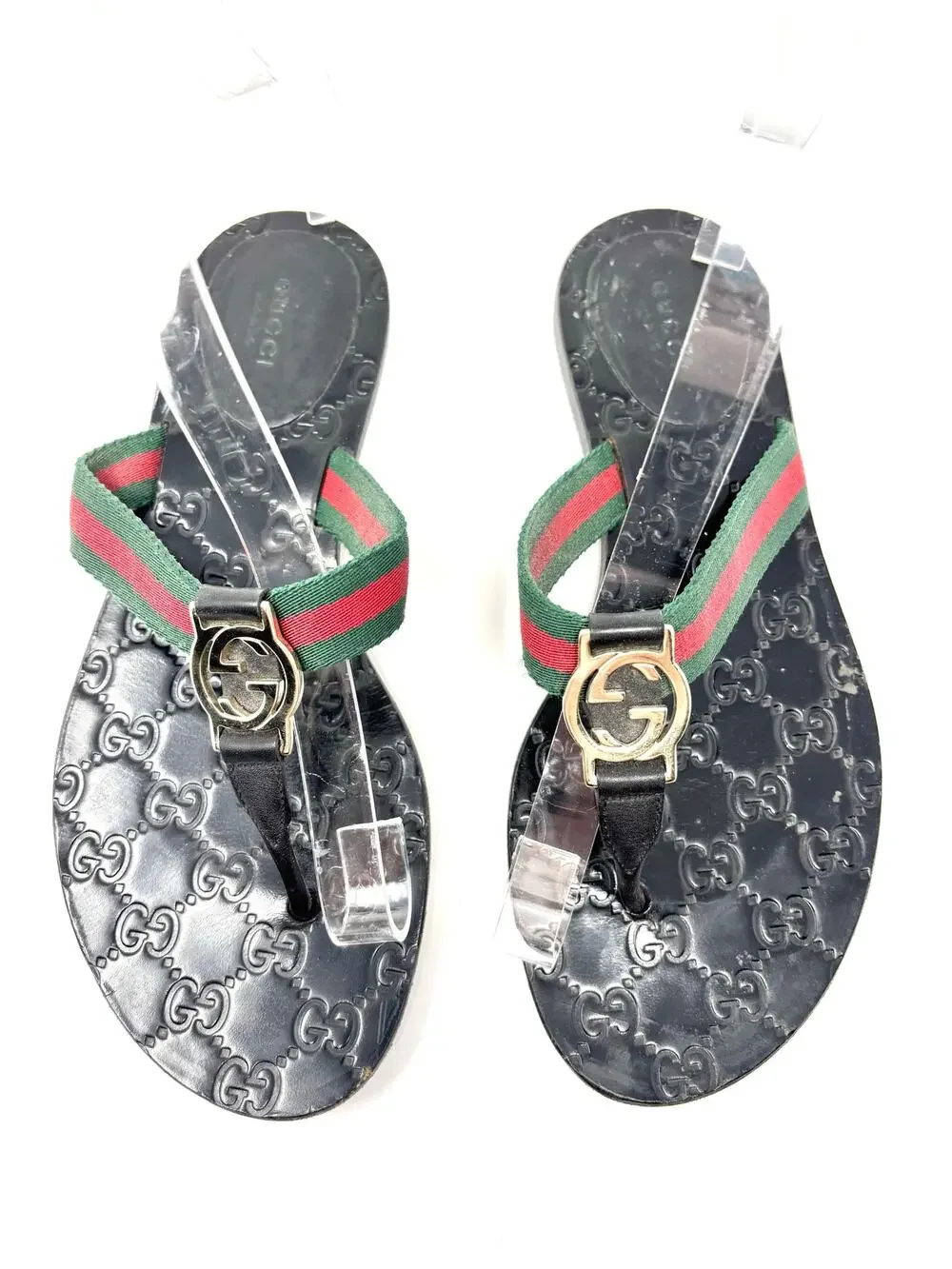 Gucci Interlocking GG Web Stripe Leather Thong Flat Sandal Slides EU 38.5 - Picture 2 of 6